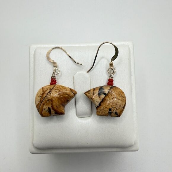 Unique Picture Jasper carved "bear" dangle earrings with sterling silver hooks! - Picture 10 of 15